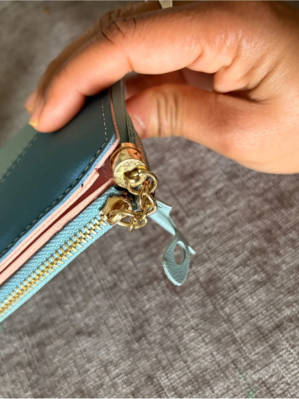 Compact Tricolor Faux Leather Wallet with Tassel Charm - Blue/Green/Cream